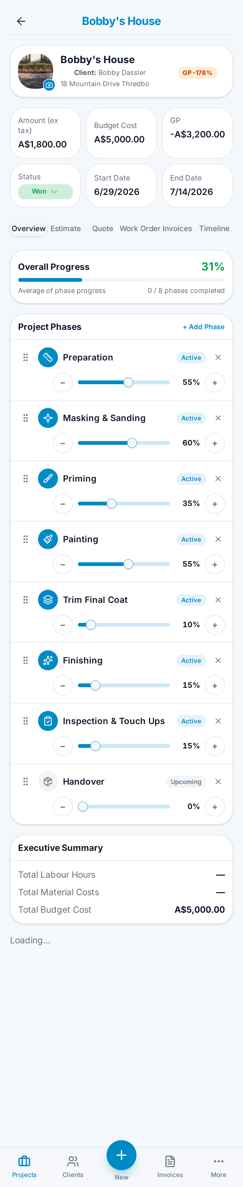 Project overview on iPhone showing phases with progress sliders