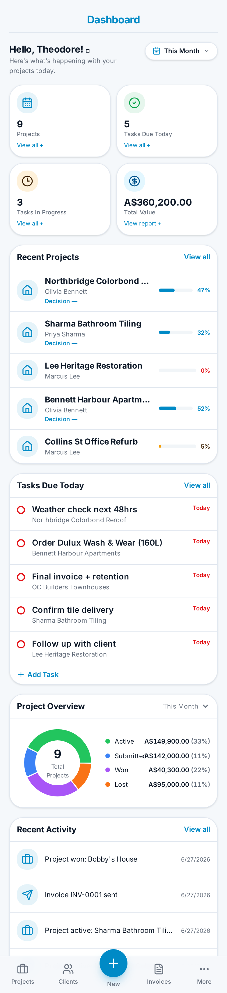 RunProjex dashboard on iPhone showing project KPIs and recent projects